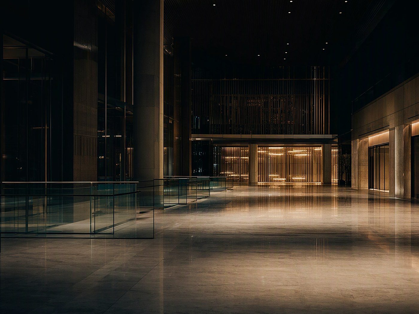 Modern commercial interior at night — FLYHORIZ indoor robots