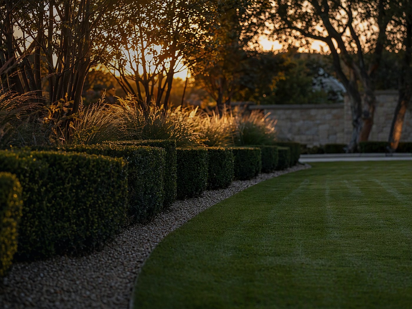 Manicured lawn at sunset — FLYHORIZ lawn robots